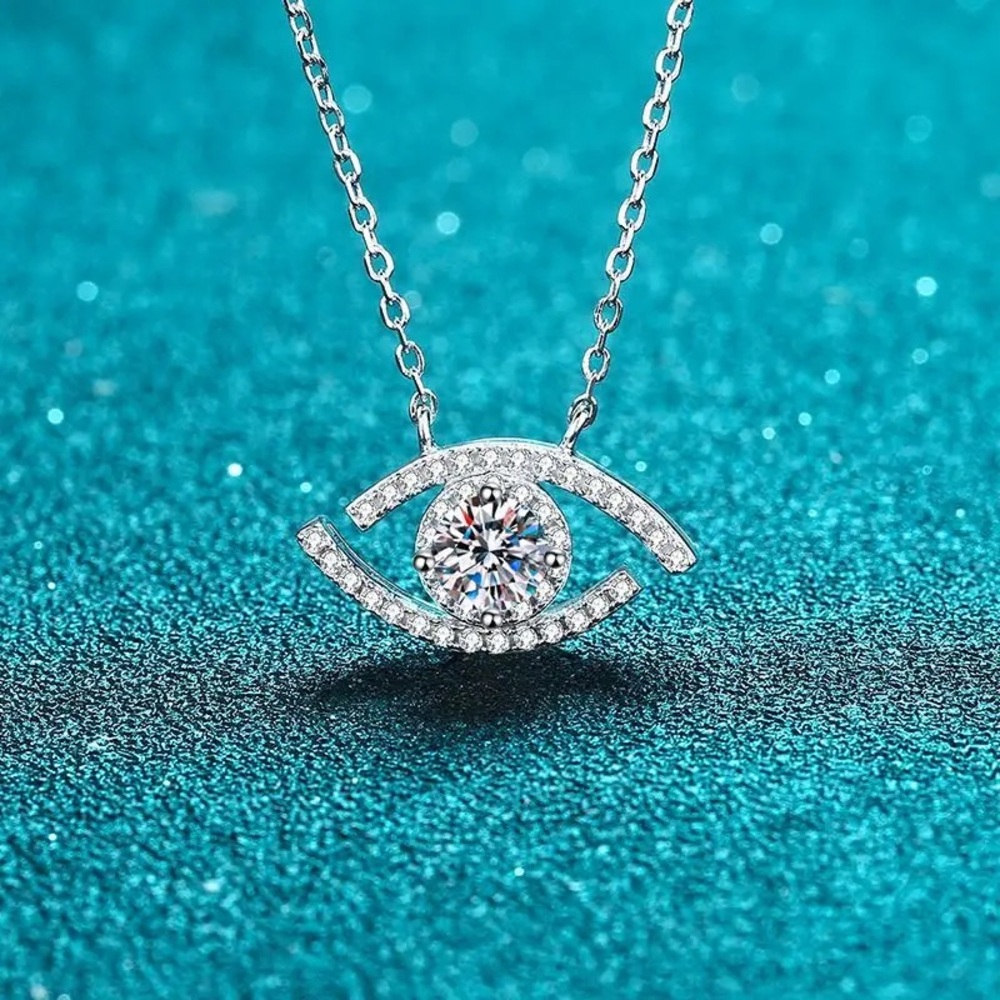Evil Eye Round Cut Halo 0.5 Carat Moissanite Diamond S925 Pavé Pendant Necklace